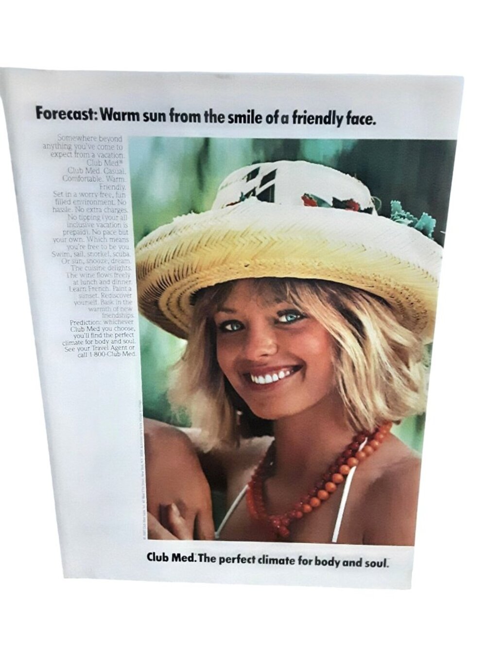 1986 Club Med Vacation Travel Vintage Print Ad Woman Straw Hat Resort